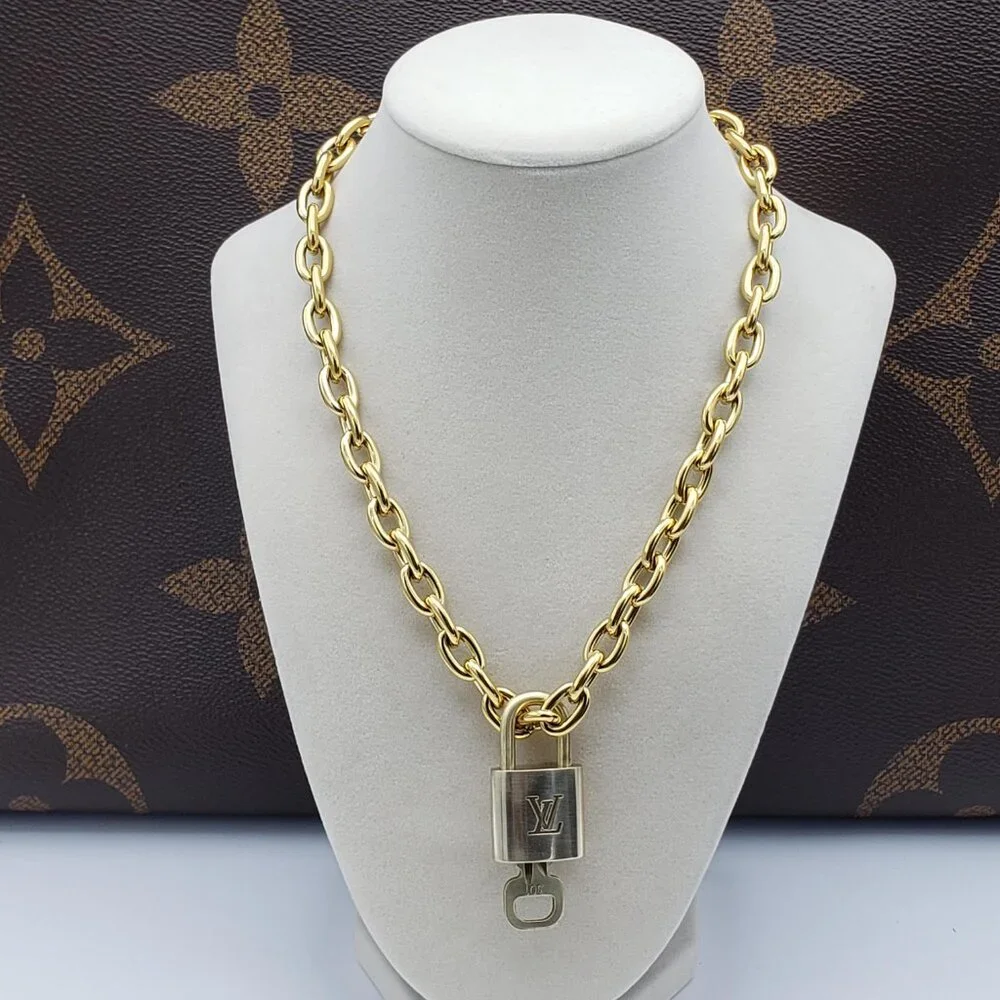 Authentic Louis Vuitton Gold Padlock w/Unbranded Stainless Steel Chain Necklace